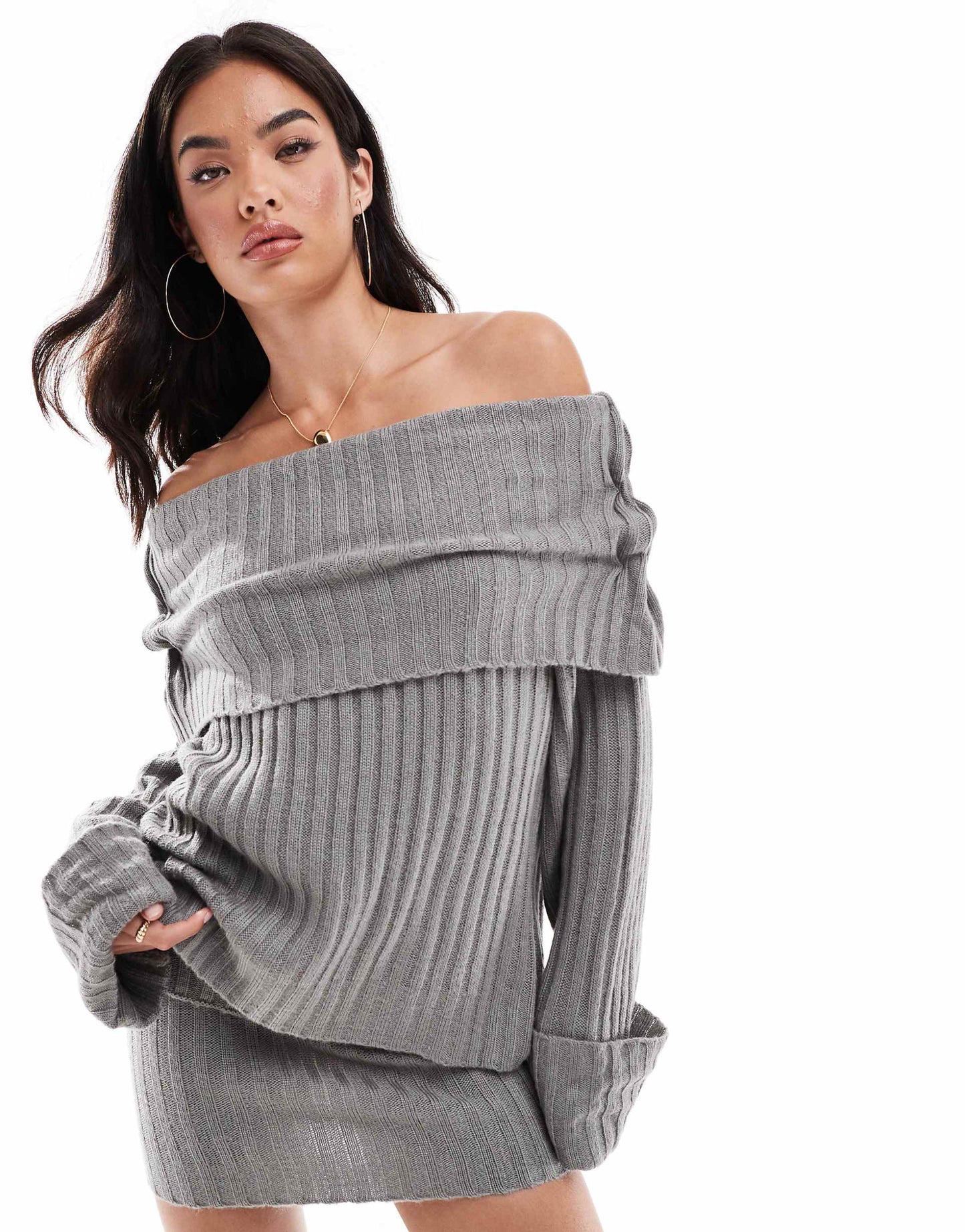 Ribbed Knit Foldover Wide Sleeve Bardot Jumper Co-Ord