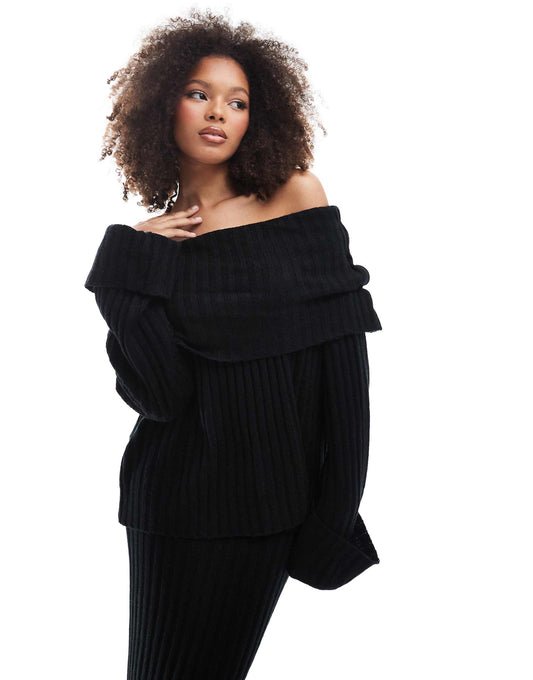 Rib Knit Foldover Bardot Jumper Co-Ord