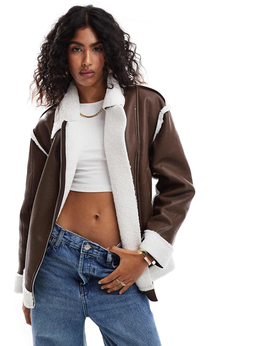 Leather Look Borg Contrast Aviator Jacket