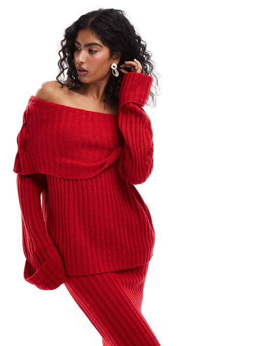 Rib Knit Foldover Bardot Jumper Co-Ord