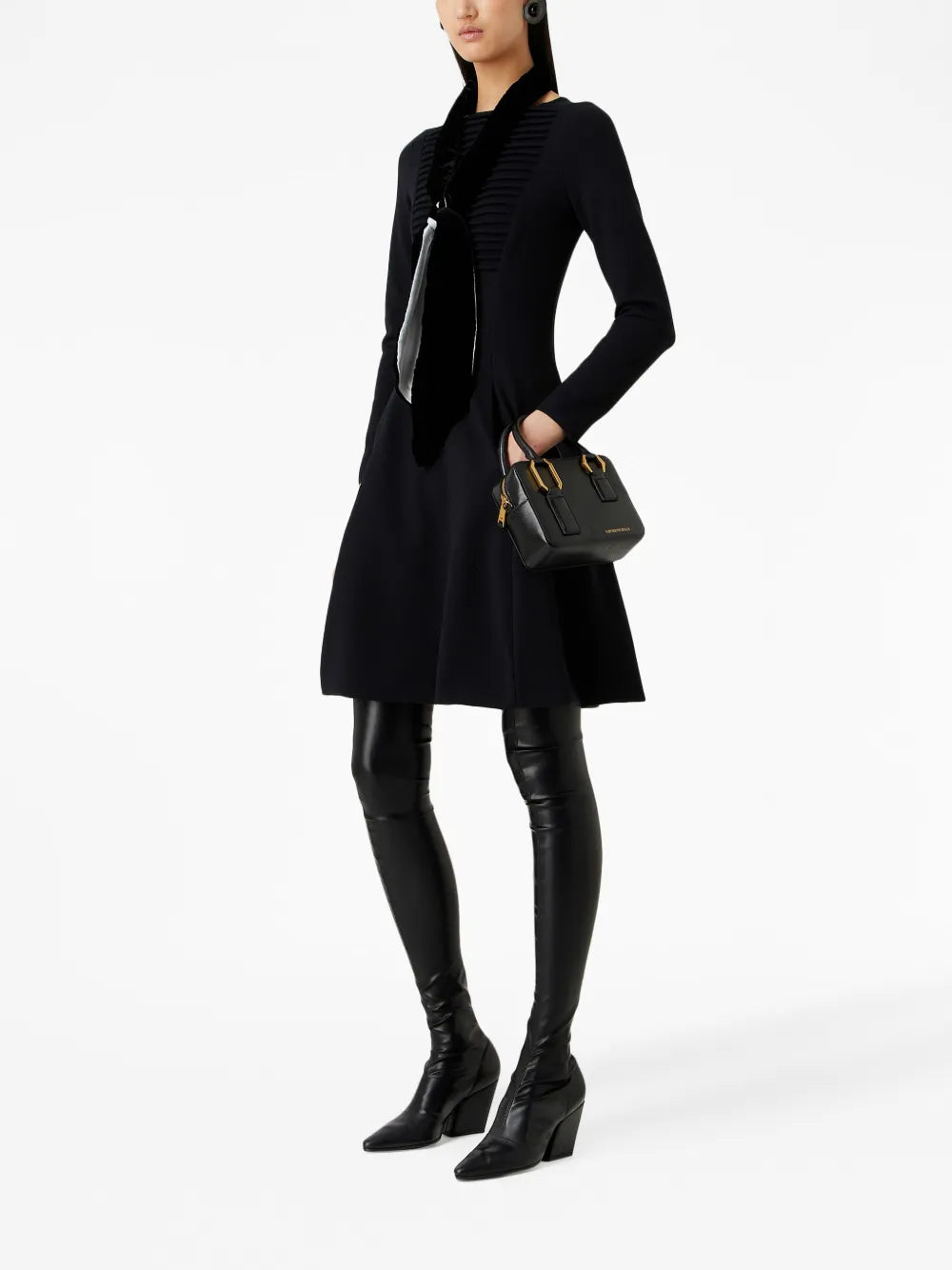 Ribbed-Bib Long-Sleeved Dress