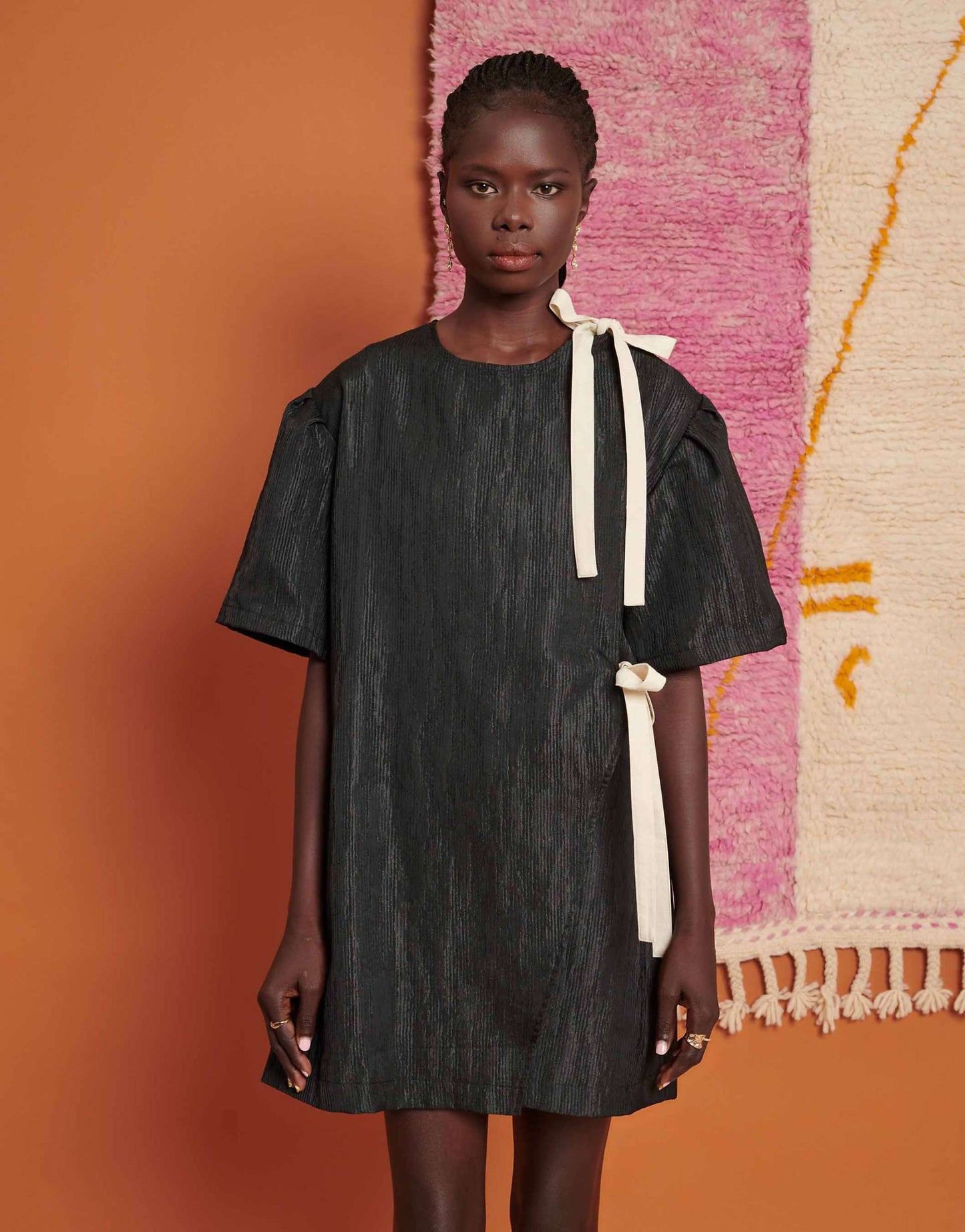 Bow Detail Textured Mini Dress