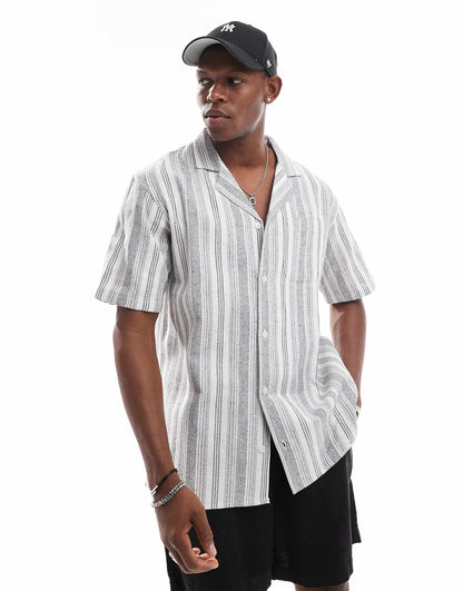 Textured Stripe Short Sleeve Beach Shirt