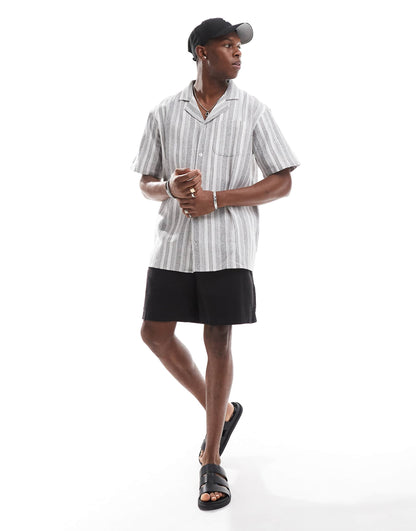 Textured Stripe Short Sleeve Beach Shirt