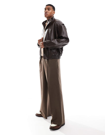 Faux Leather Oversized Bomber Jacket With Funnel Neck