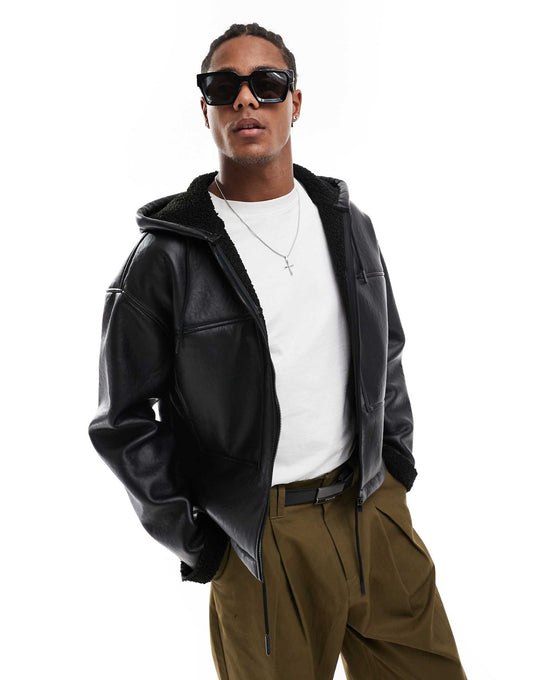 Faux Leather Hooded Aviator Jacket With Borg Lining