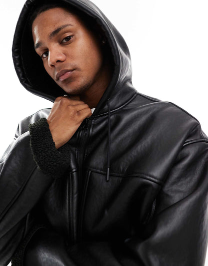 Faux Leather Hooded Aviator Jacket With Borg Lining