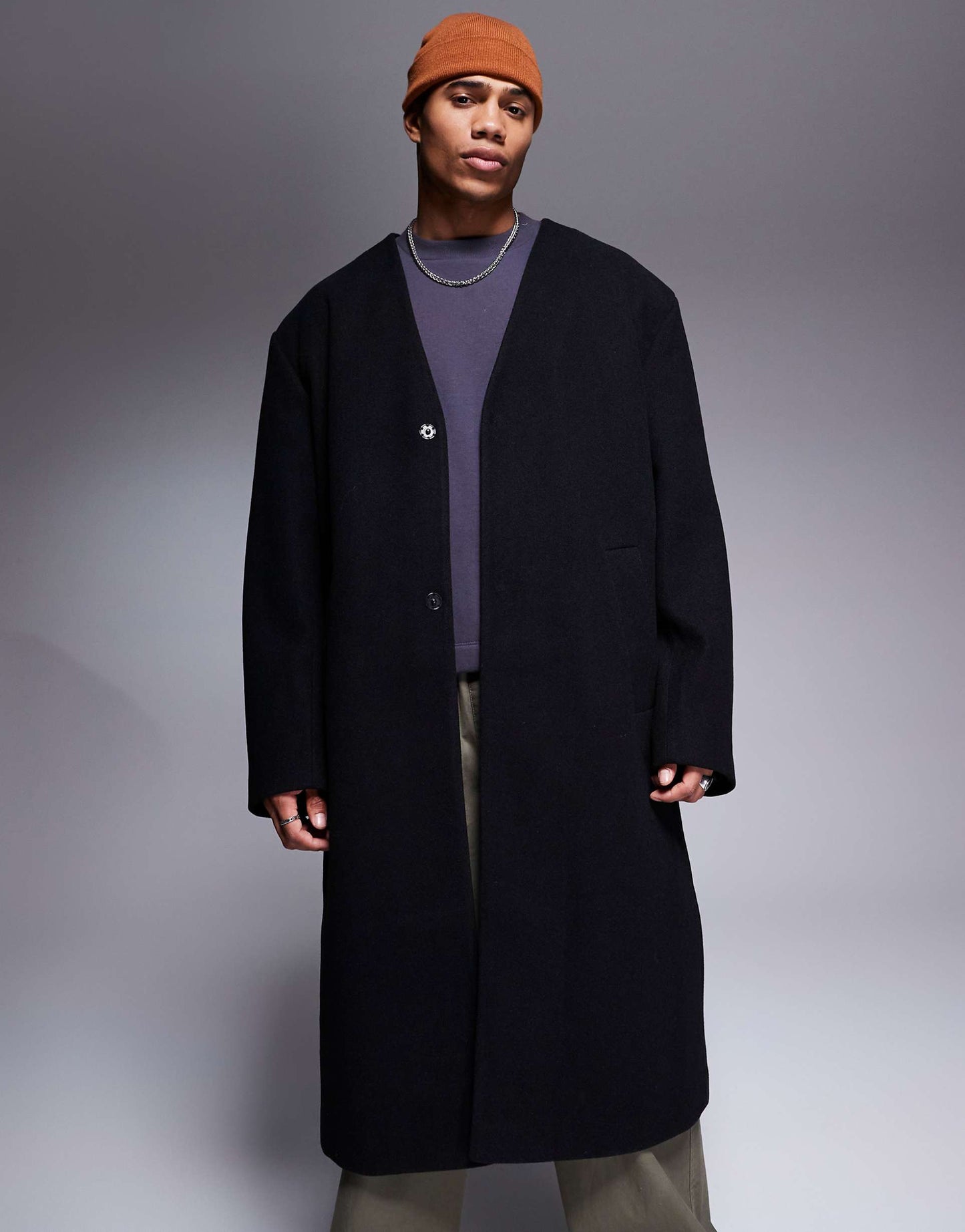 Regular Fit Wool Look Collarless Overcoat