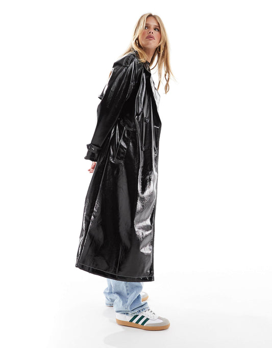 High Shine Leather Look Trench Coat With Contrast Stitch