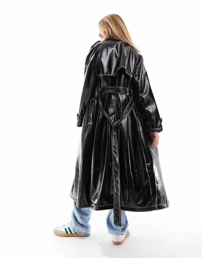 High Shine Leather Look Trench Coat With Contrast Stitch