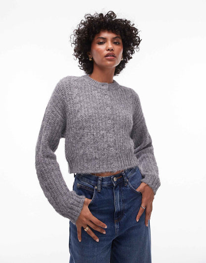 Knitted Cropped Fluffy Cable Cardigan