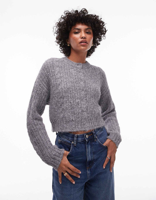 Knitted Cropped Fluffy Cable Cardigan