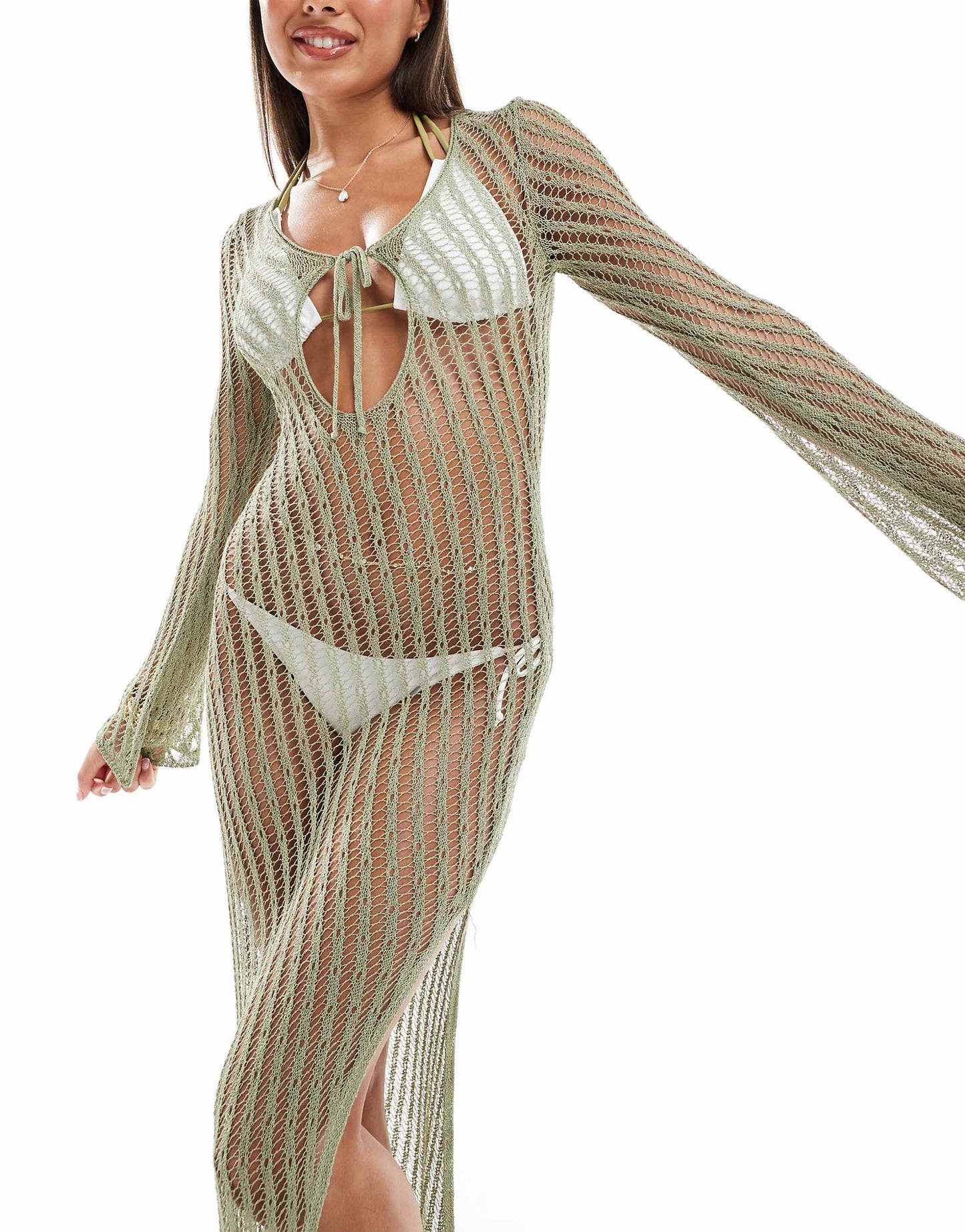 Long Sleeve Tie Front Knit Maxi Beach Dress
