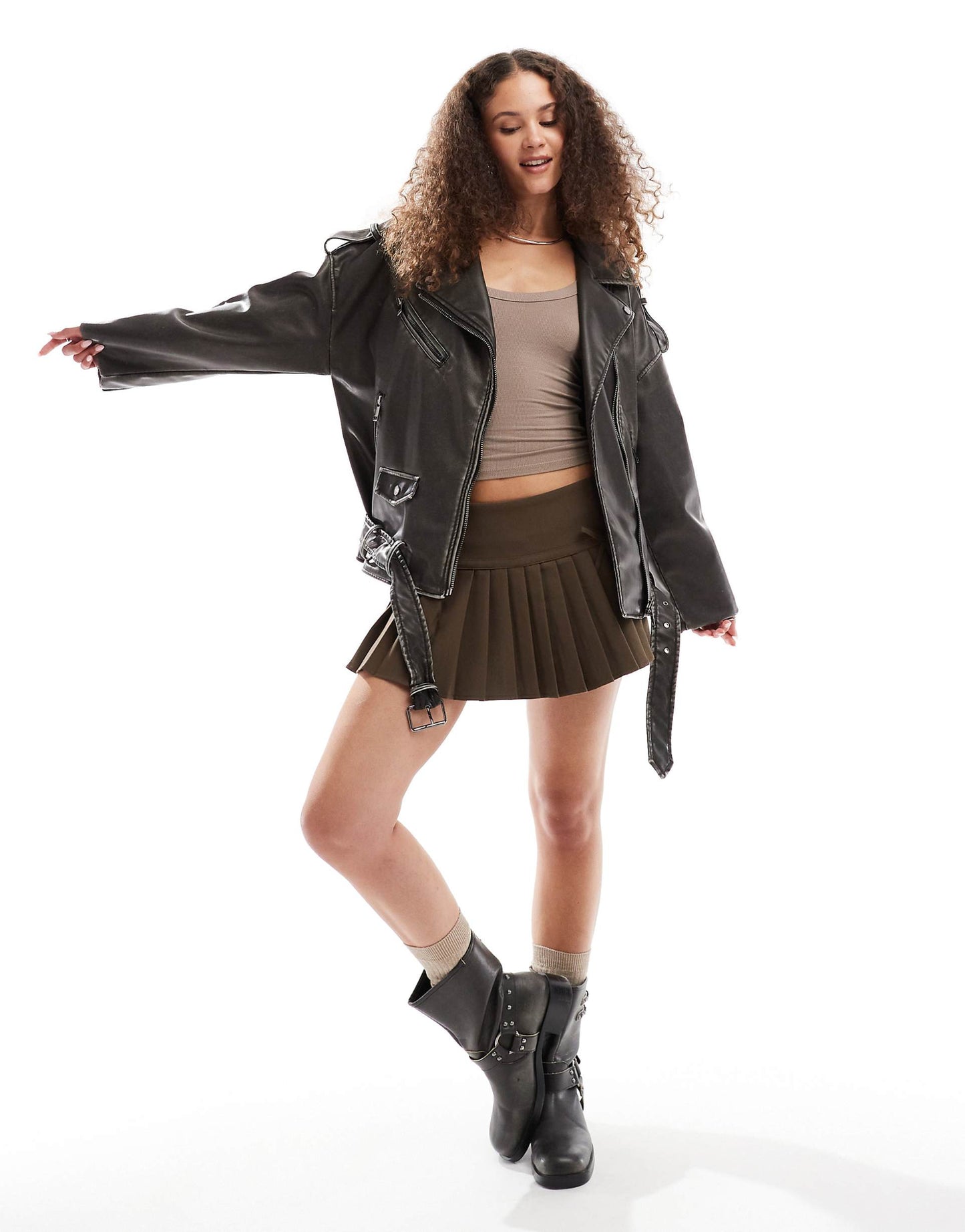 Oversized Distressed Leather Look Pocket Detail Biker Jacket