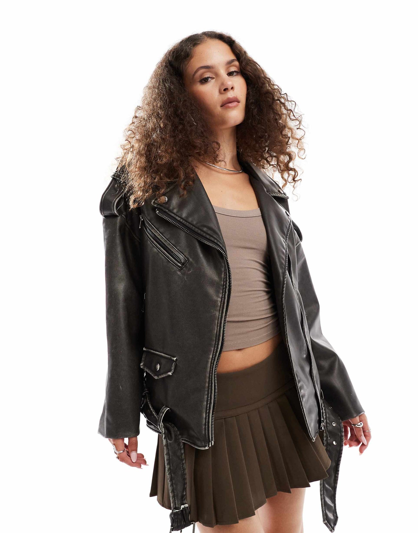 Oversized Distressed Leather Look Pocket Detail Biker Jacket