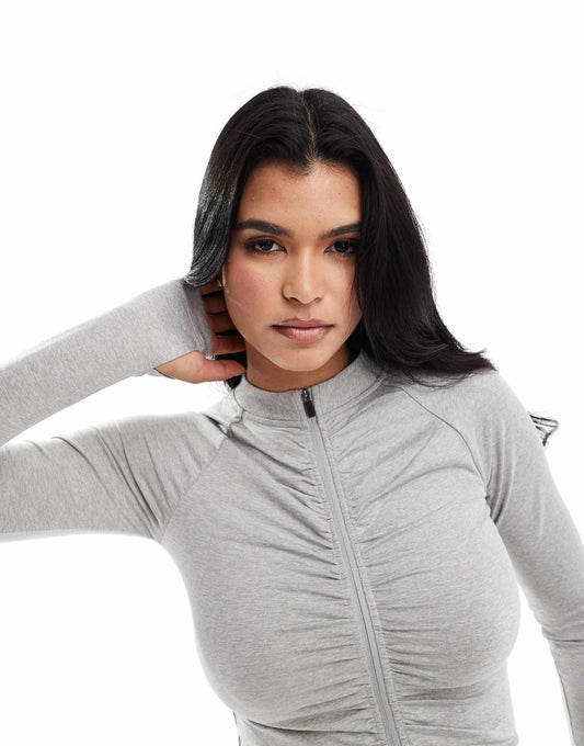 Ruched Front Zip Up Track Top