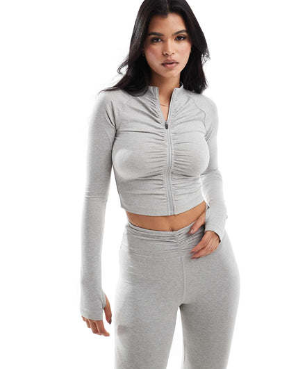 Ruched Front Zip Up Track Top