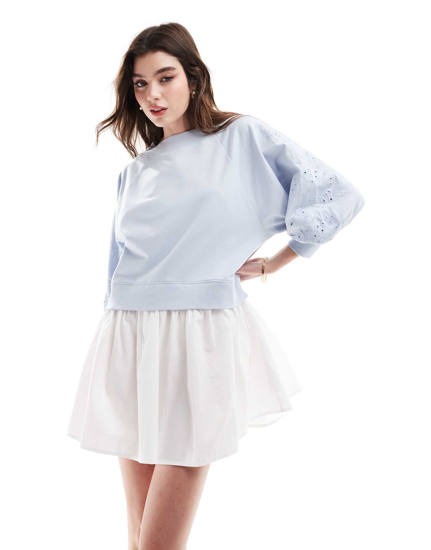 Sweatshirt Mini Dress With Poplin Skirt And Embroidered Sleeves