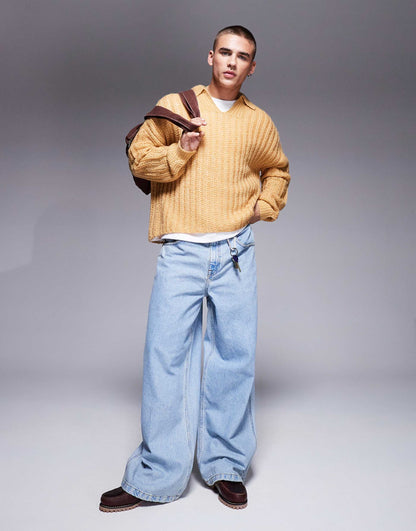 Oversized Open Knit Brushed Rib Notch Neck Jumper