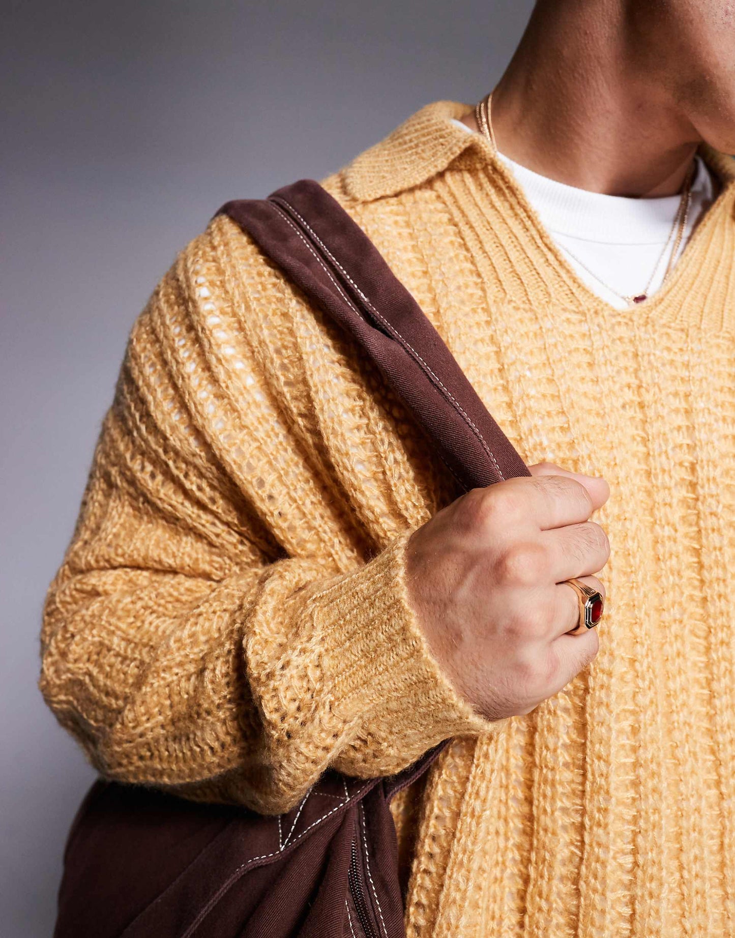 Oversized Open Knit Brushed Rib Notch Neck Jumper