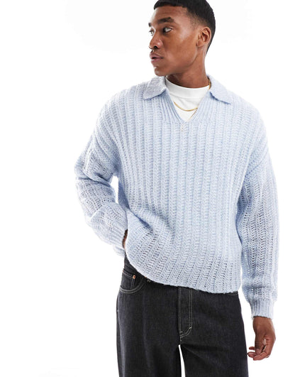 Oversized Open Knit Brushed Rib Notch Neck Jumper