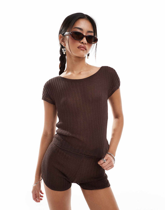 Francine Knitted Slash Neck Cropped Tee