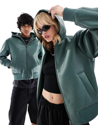 Unisex Bonded Faux Leather Hooded Bomber Jacket