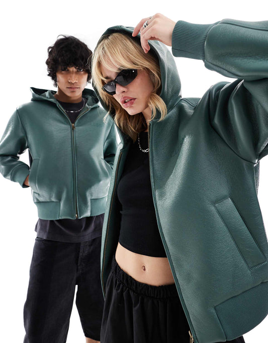 Unisex Bonded Faux Leather Hooded Bomber Jacket