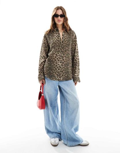 Relaxed Linen Blend Leopard Shirt