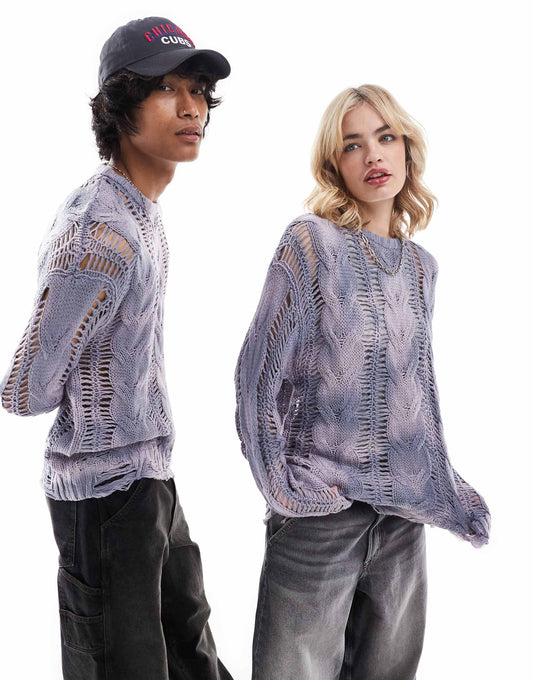 Unisex Oversized Bleached Cable Knit Jumper