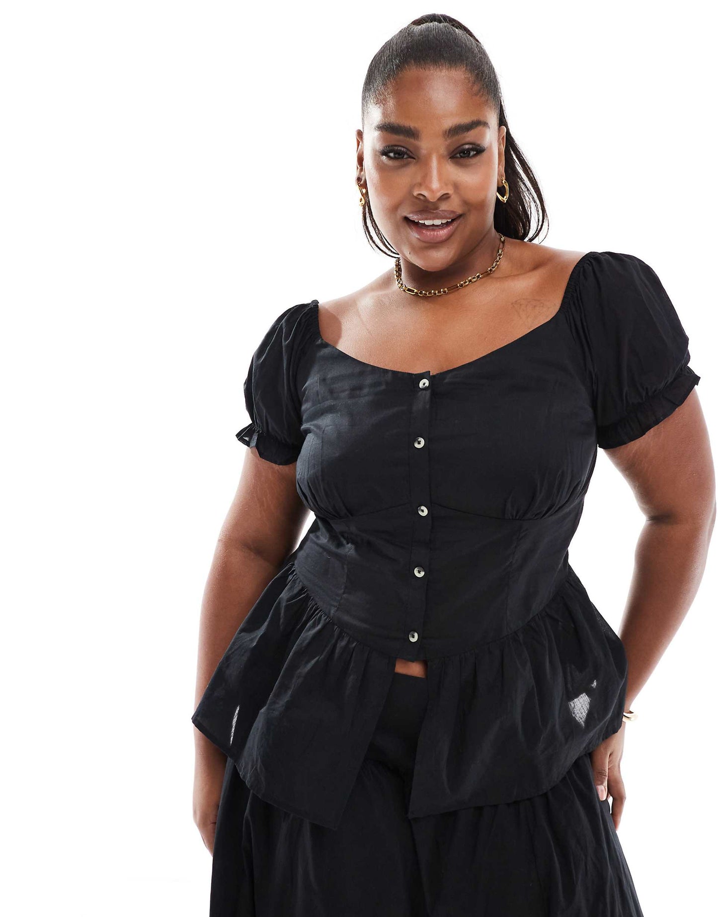 Curve Puff Sleeve Button Down Milkmaid Top