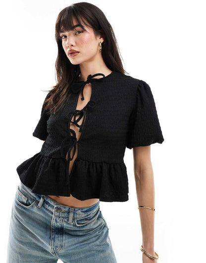 Textured Volume Sleeve Tie Front Top Black