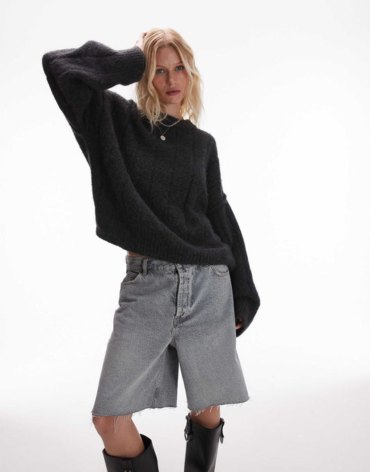 Knitted Fluffy Rib Oversized Crew Jumper