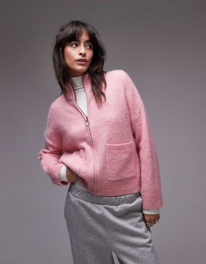 Femme Zip Thru Alpaca Blend Fluffy Cardigan With Pockets