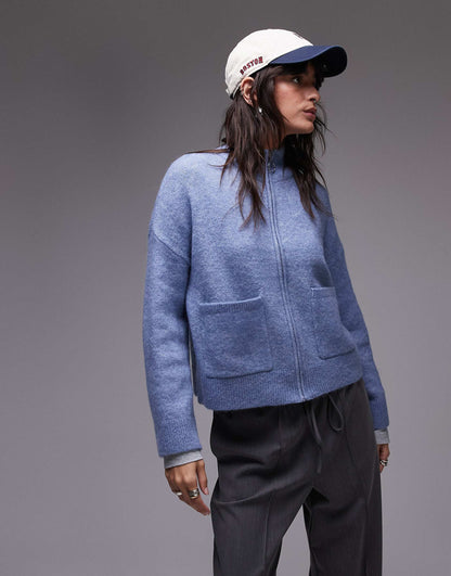 Femme Zip Thru Alpaca Blend Fluffy Cardigan With Pockets