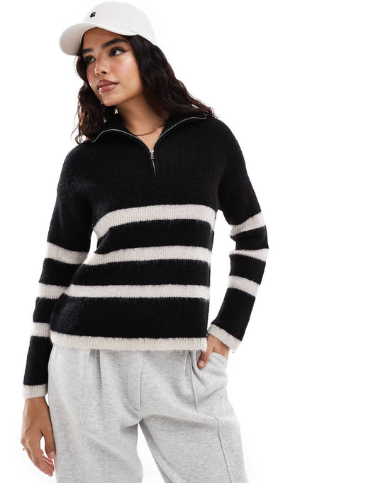 Femme Half Zip Knitted Merino Wool Blend Stripe Jumper
