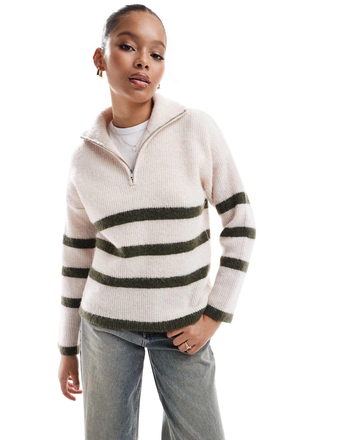 Femme Half Zip Knitted Merino Wool Blend Stripe Jumper