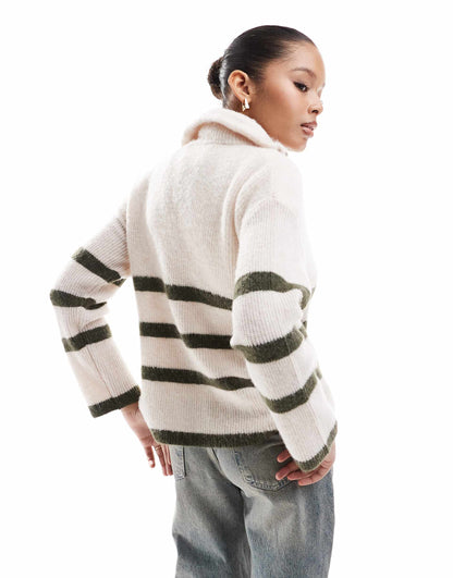 Femme Half Zip Knitted Merino Wool Blend Stripe Jumper