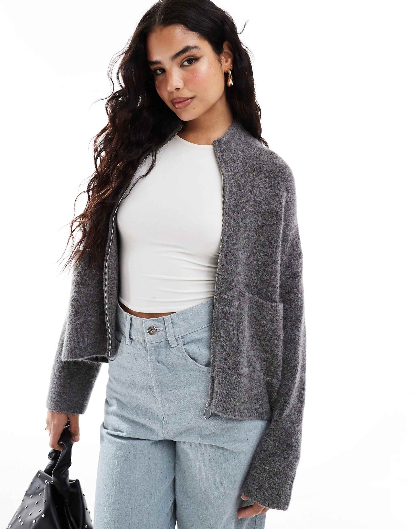 Femme Zip Thru Alpaca Blend Fluffy Cardigan With Pockets