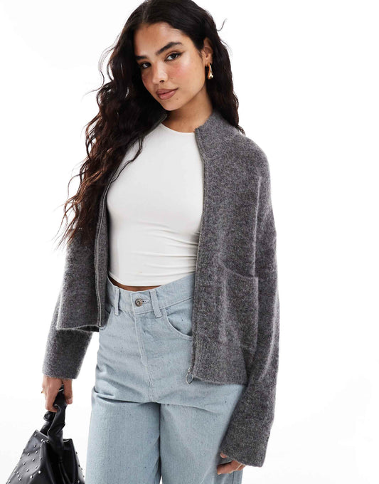 Femme Zip Thru Alpaca Blend Fluffy Cardigan With Pockets