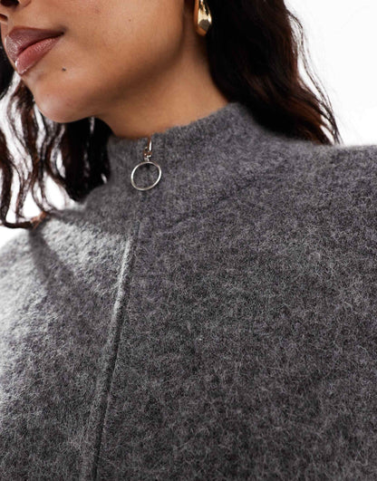 Femme Zip Thru Alpaca Blend Fluffy Cardigan With Pockets