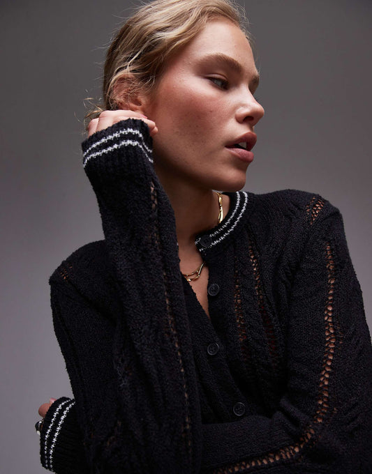 Knitted Contrast Tipping Cable Cardigan