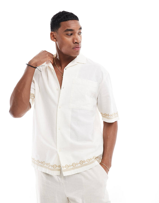 Embroidered Hem Revere Neck Shirt