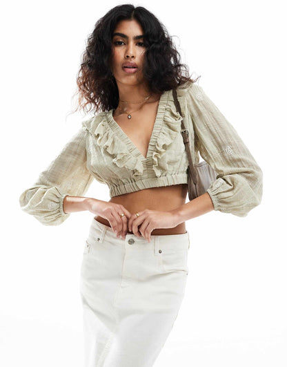 Embroidery Blouse With Lace Up Back Detail