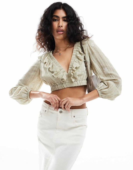 Embroidery Blouse With Lace Up Back Detail