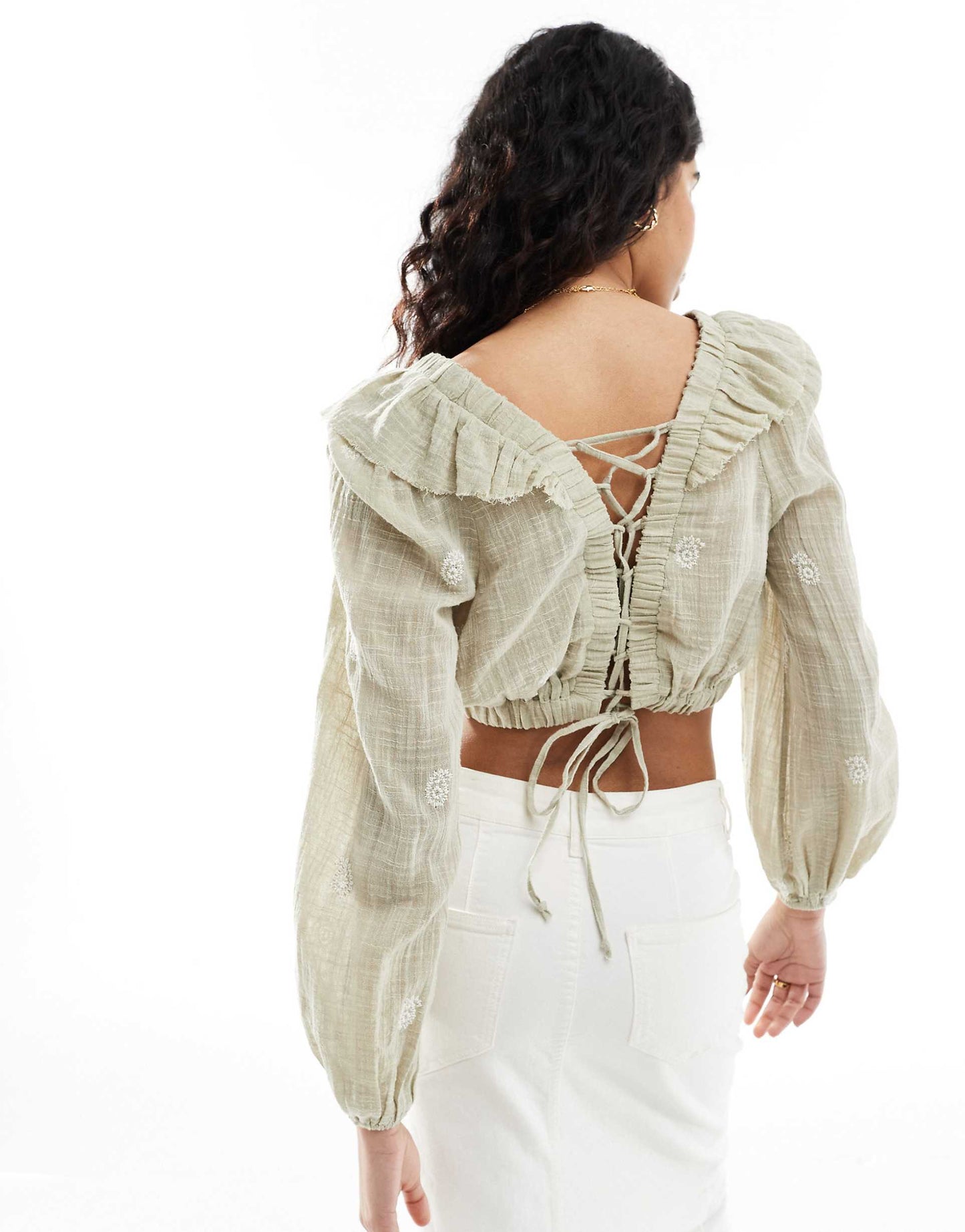 Embroidery Blouse With Lace Up Back Detail