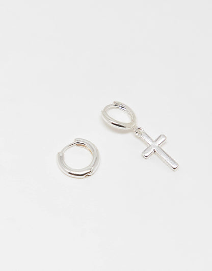 2 Pack Silver Plated Hoop And Cross Earring