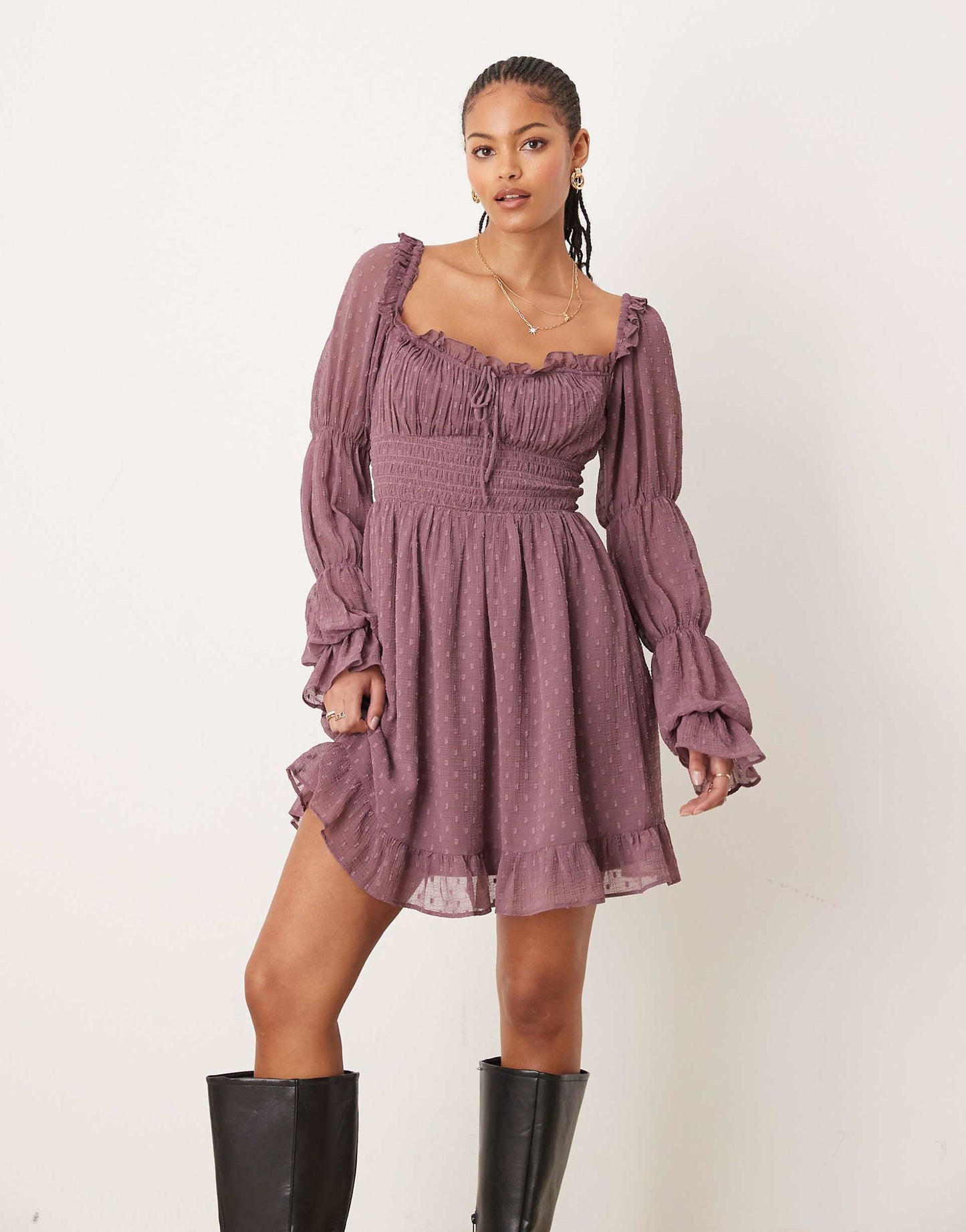 Tall Dobby Milkmaid Long Sleeve Shirred Waist Mini Dress