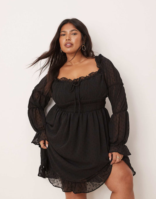 Curve Dobby Milkmaid Long Sleeve Sleeve Shirred Waist Mini Dress