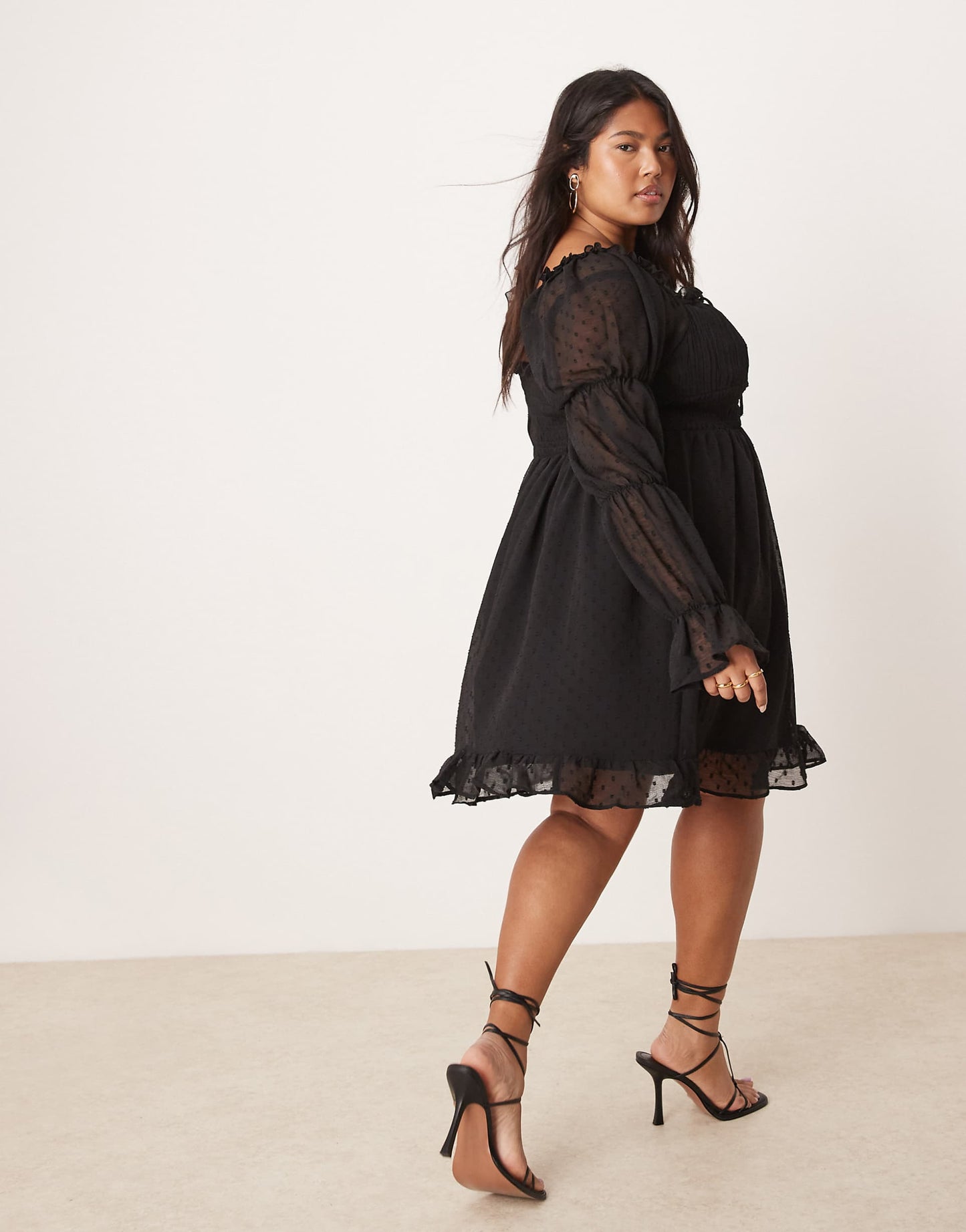 Curve Dobby Milkmaid Long Sleeve Sleeve Shirred Waist Mini Dress